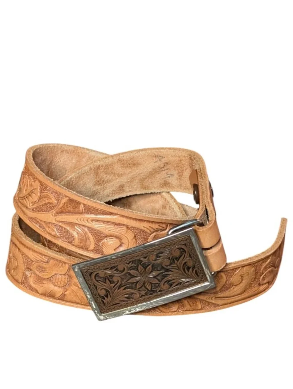Western tooled Leather belt genuine tan floral pattern Buckle boho cowboy rodeo